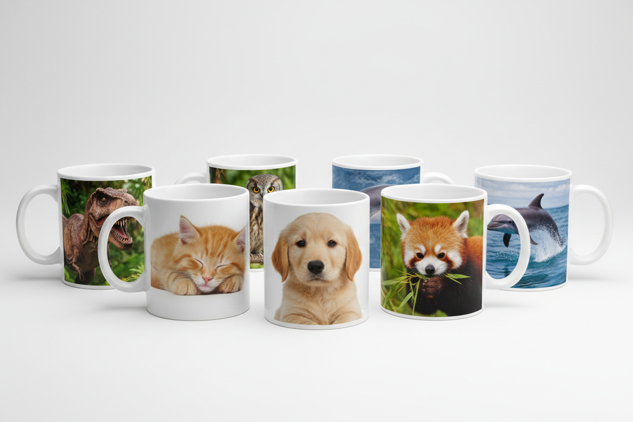 Mugs blancs avec animaux réalistes