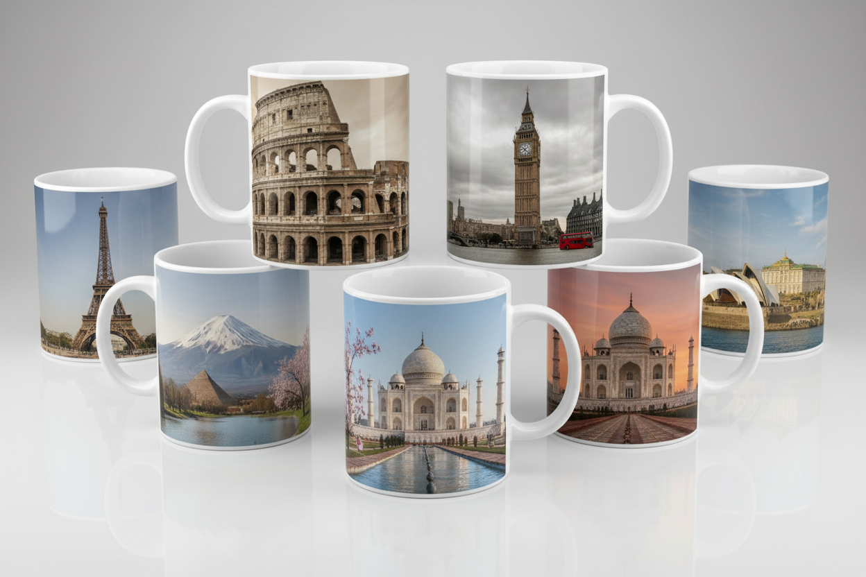 rajoute d'autes mugs blanc avec des designs sur les pays réaliste